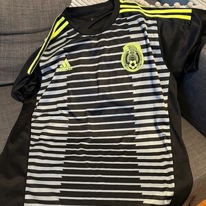 Adidas Black and Neon Yellow Striped Mexico Soccer Jersey